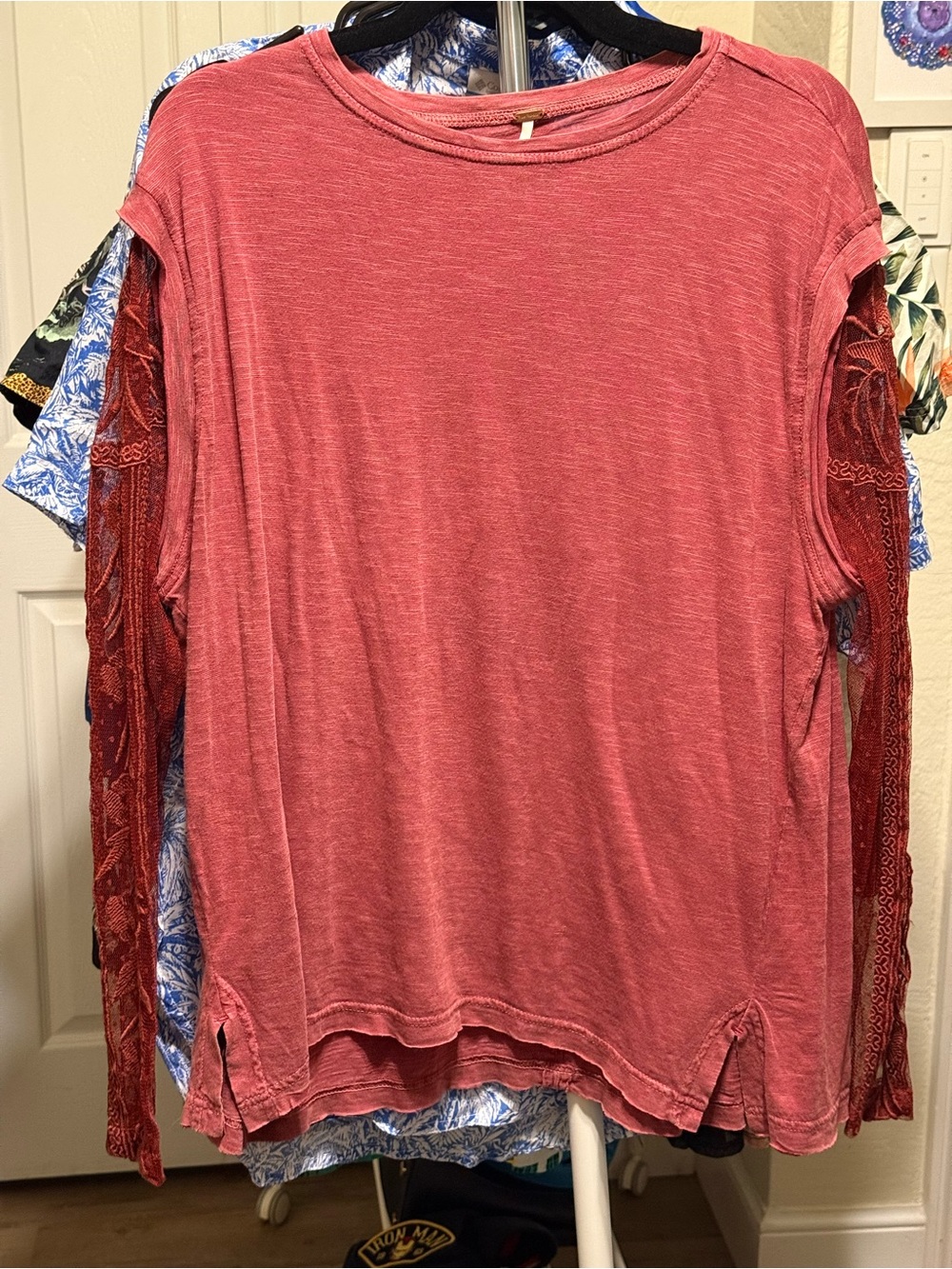 Free People Billie Jean Twofer Tee Floral Lace Sleeves